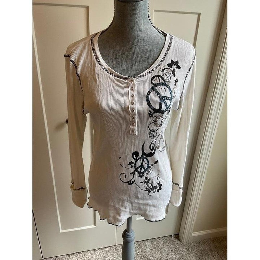 One World Shirt Y2K Large Long Sleeve Peace 1/4 Button Up White Top S11